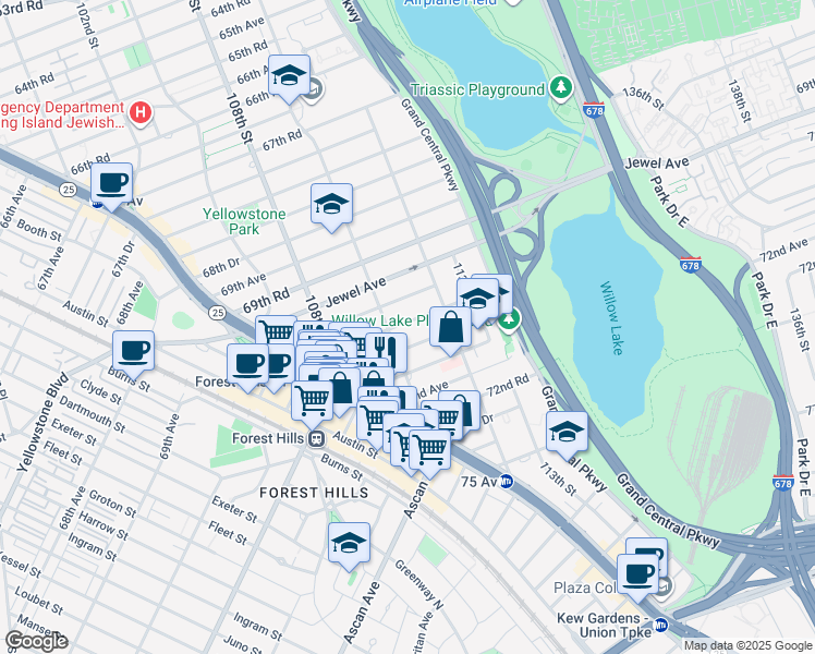 map of restaurants, bars, coffee shops, grocery stores, and more near 110-37 70th Road in Queens