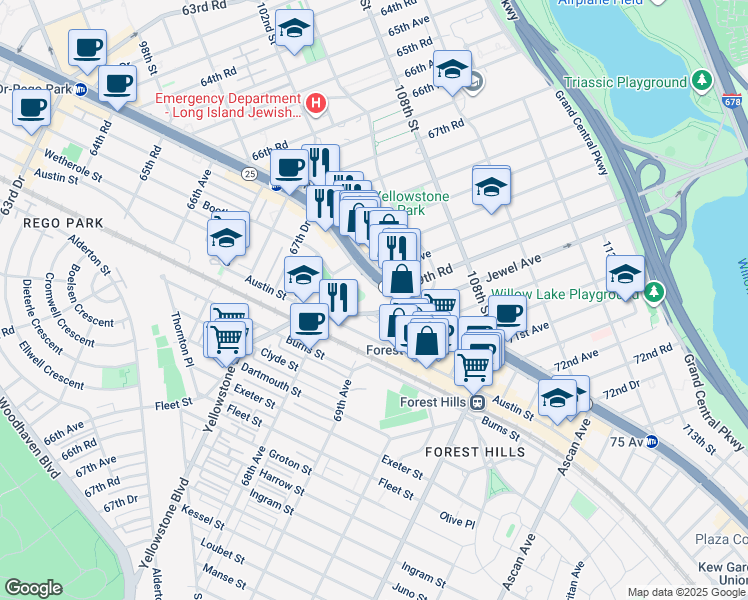 map of restaurants, bars, coffee shops, grocery stores, and more near 104-60 Queens Boulevard in Queens