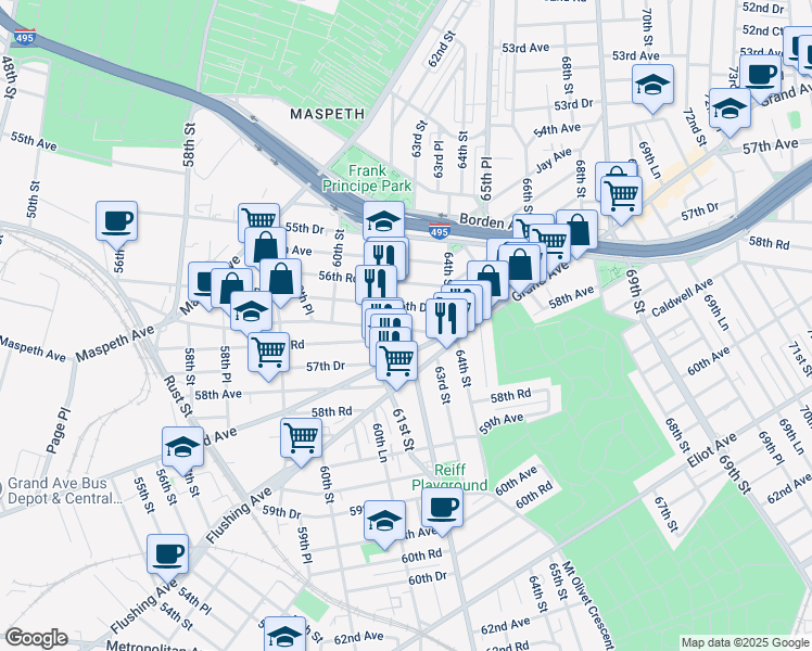 map of restaurants, bars, coffee shops, grocery stores, and more near 61-24 56th Drive in Queens