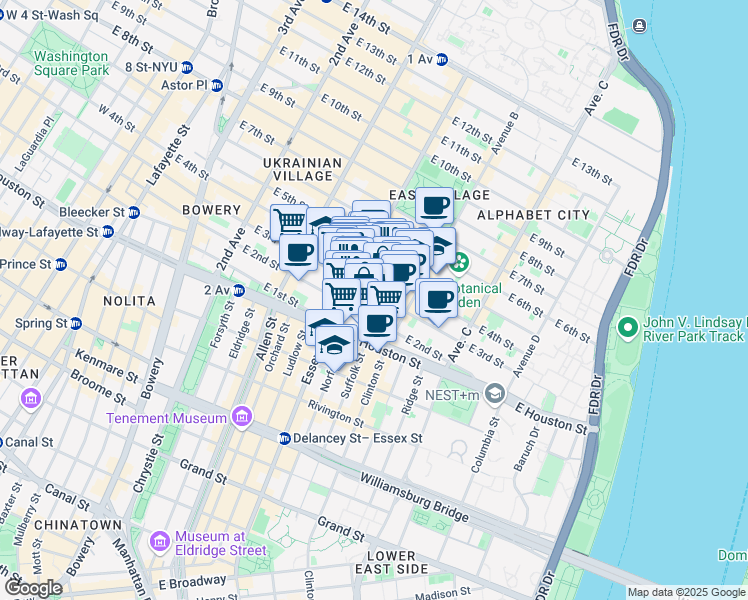 map of restaurants, bars, coffee shops, grocery stores, and more near 170 East 3rd Street in New York