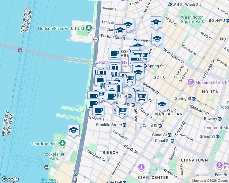 map of restaurants, bars, coffee shops, grocery stores, and more near 480 Canal Street in New York
