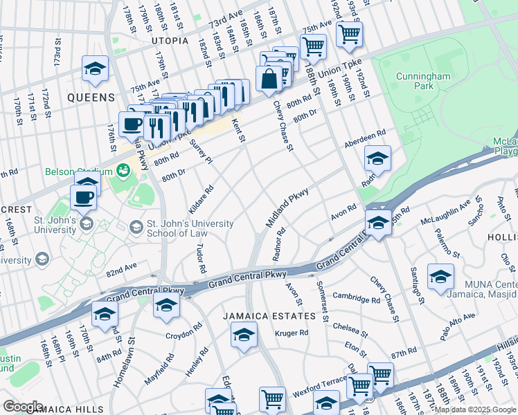 map of restaurants, bars, coffee shops, grocery stores, and more near 182-11 Aberdeen Road in Queens