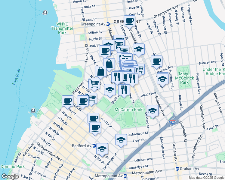 map of restaurants, bars, coffee shops, grocery stores, and more near 63 Guernsey Street in Brooklyn