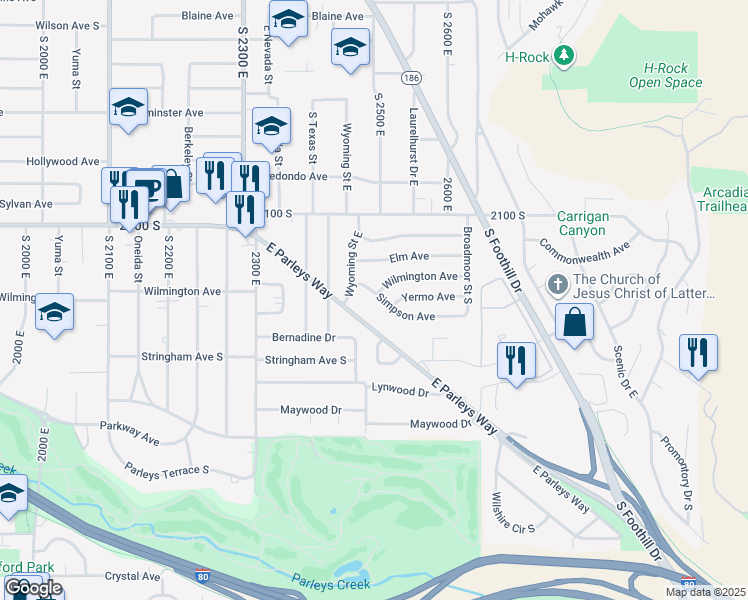 map of restaurants, bars, coffee shops, grocery stores, and more near 2500 Simpson Avenue in Salt Lake City