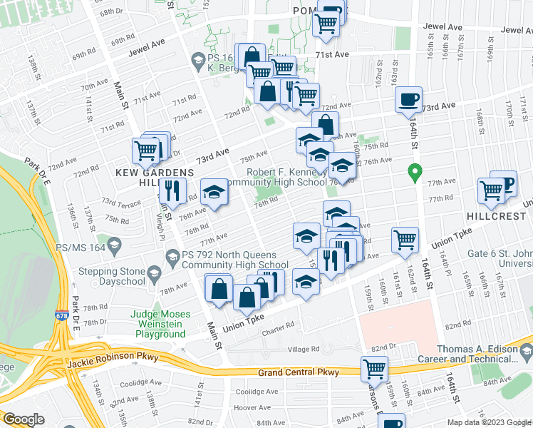 map of restaurants, bars, coffee shops, grocery stores, and more near 150-25 77th Avenue in Queens