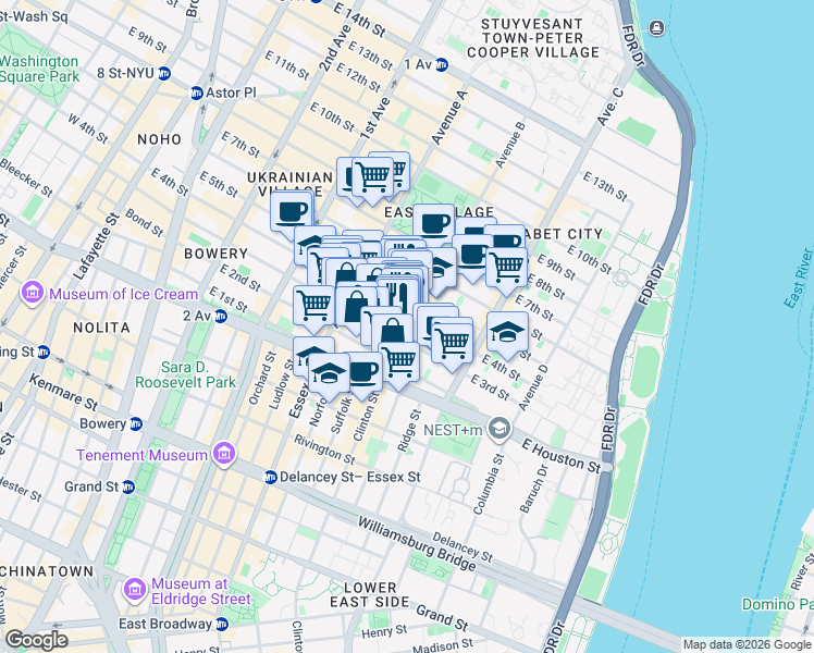map of restaurants, bars, coffee shops, grocery stores, and more near 50-52 Avenue B in New York
