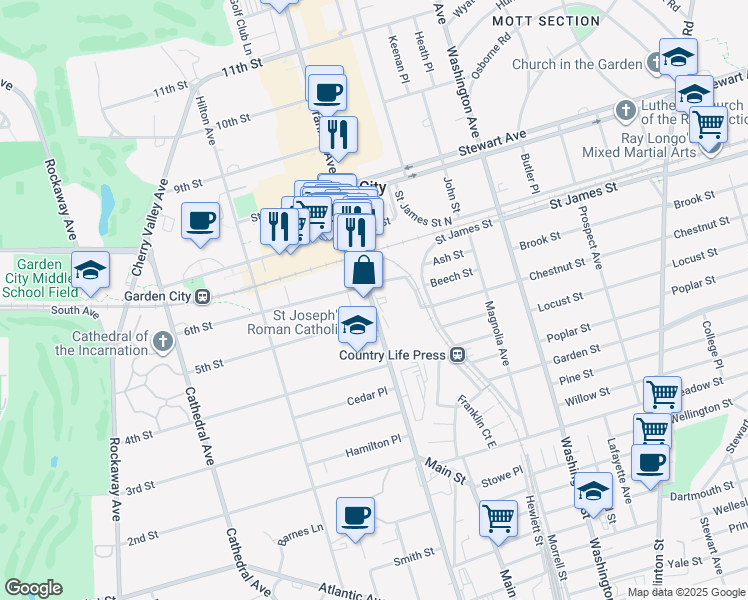 map of restaurants, bars, coffee shops, grocery stores, and more near 520 Franklin Avenue in Garden City