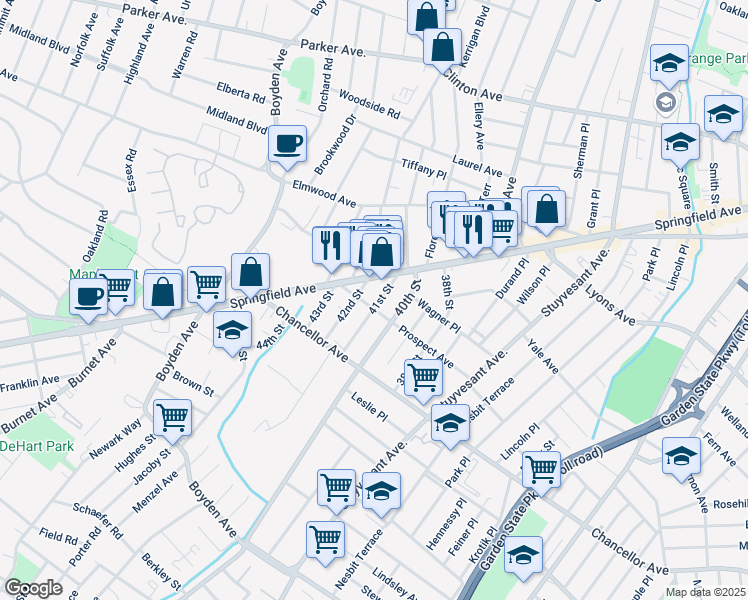 map of restaurants, bars, coffee shops, grocery stores, and more near 23 41st Street in Irvington