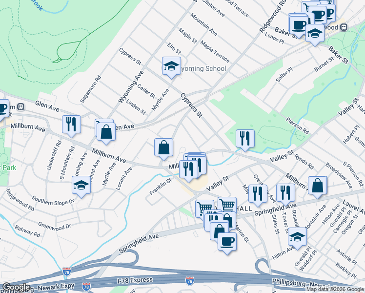 map of restaurants, bars, coffee shops, grocery stores, and more near 18 Norwood Terrace in Essex County