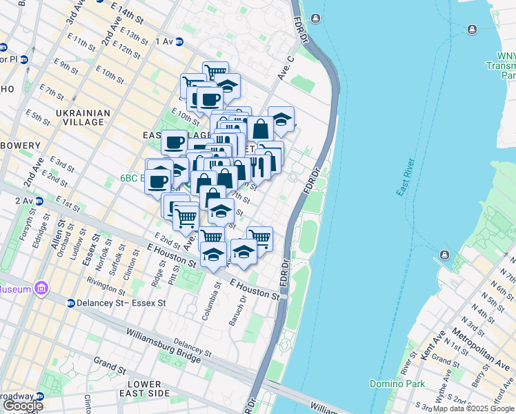 map of restaurants, bars, coffee shops, grocery stores, and more near 382 East 7th Street in New York