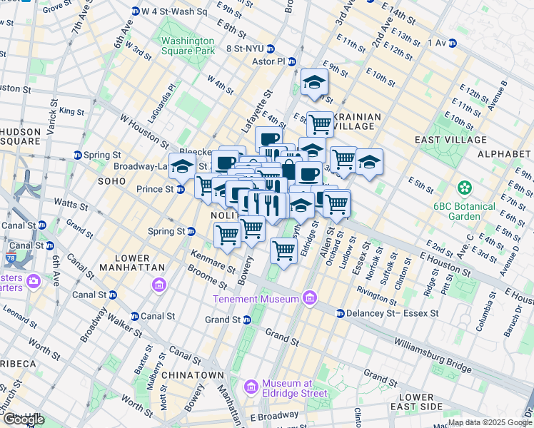 map of restaurants, bars, coffee shops, grocery stores, and more near 9317 East Houston Street in New York