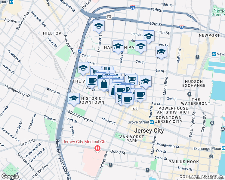 map of restaurants, bars, coffee shops, grocery stores, and more near 49 Coles Street in Jersey City