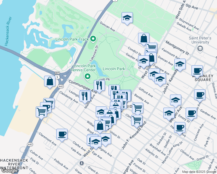 map of restaurants, bars, coffee shops, grocery stores, and more near 30 Nunda Avenue in Jersey City