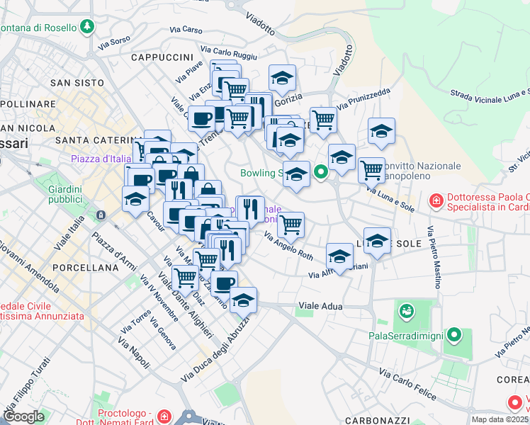 map of restaurants, bars, coffee shops, grocery stores, and more near 6 Via Giuseppe Biasi in Sassari