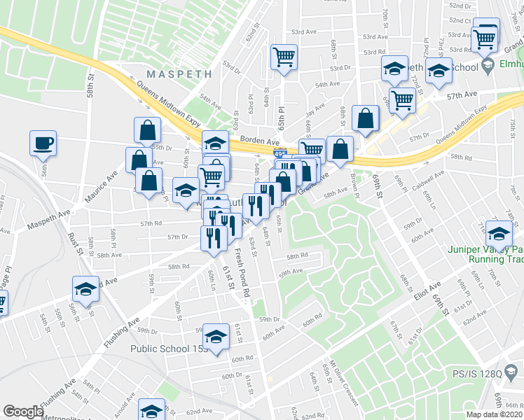 map of restaurants, bars, coffee shops, grocery stores, and more near in Queens