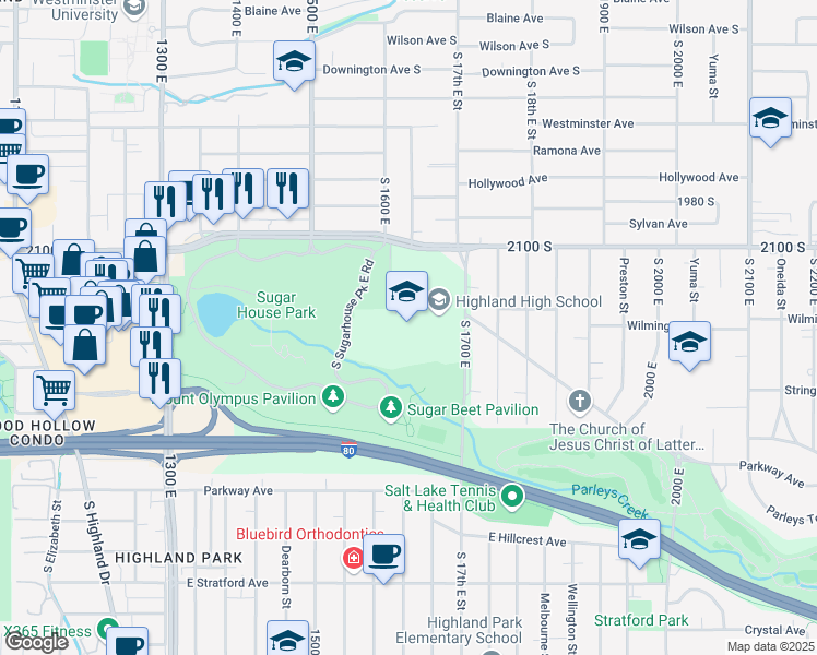 map of restaurants, bars, coffee shops, grocery stores, and more near 2166 South 1700 East in Salt Lake City