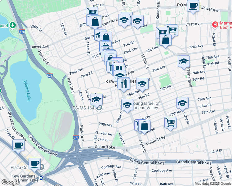 map of restaurants, bars, coffee shops, grocery stores, and more near 141-58 73rd Terrace in Queens