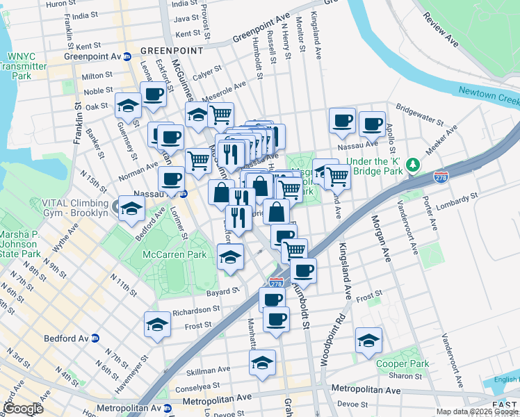 map of restaurants, bars, coffee shops, grocery stores, and more near 160 Driggs Avenue in Brooklyn