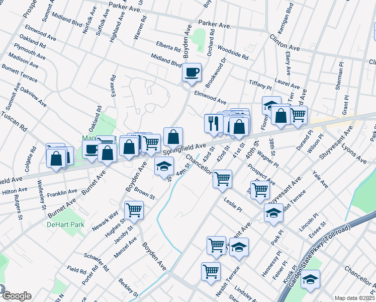 map of restaurants, bars, coffee shops, grocery stores, and more near 1511 Springfield Avenue in Maplewood