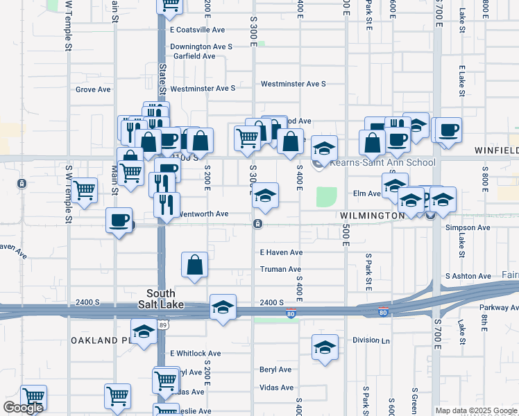 map of restaurants, bars, coffee shops, grocery stores, and more near 315 East Utopia Avenue in Salt Lake City