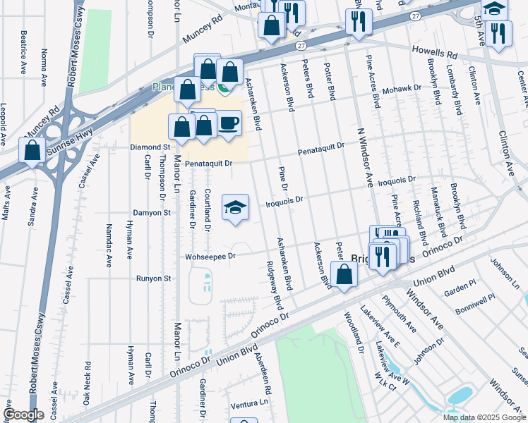 map of restaurants, bars, coffee shops, grocery stores, and more near 56 Ridgeway Boulevard in Bay Shore