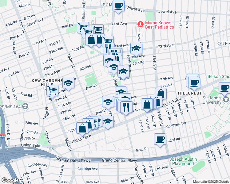 map of restaurants, bars, coffee shops, grocery stores, and more near 153-58 77th Avenue in Queens