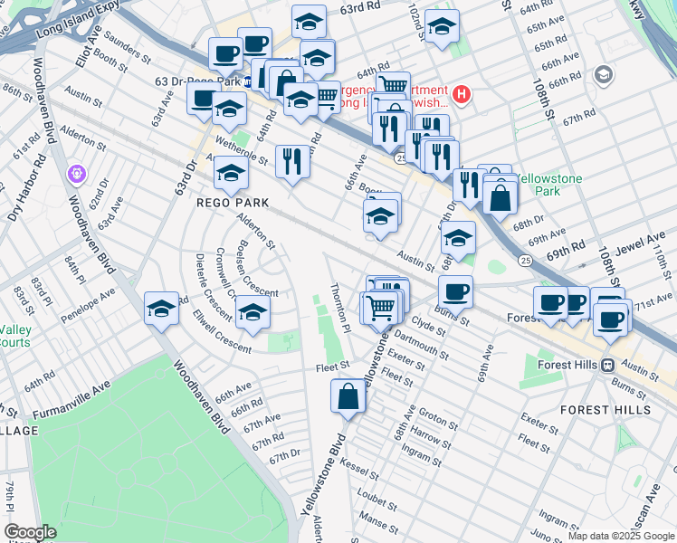 map of restaurants, bars, coffee shops, grocery stores, and more near 66-31 Burns Street in Queens