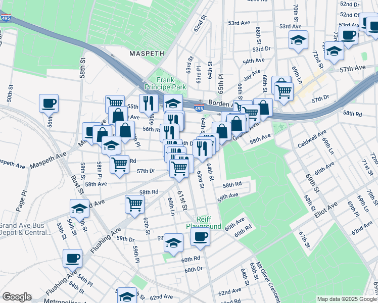 map of restaurants, bars, coffee shops, grocery stores, and more near 61-24 56th Drive in Queens