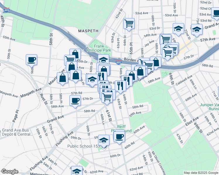 map of restaurants, bars, coffee shops, grocery stores, and more near 61-24 56th Drive in Queens