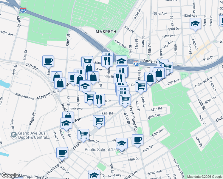 map of restaurants, bars, coffee shops, grocery stores, and more near 56-64 60th Street in Queens