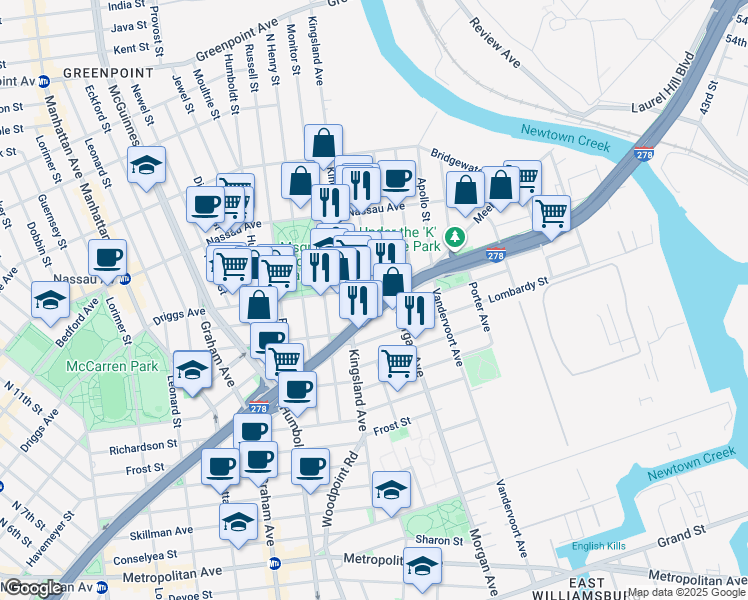 map of restaurants, bars, coffee shops, grocery stores, and more near 23 Driggs Avenue in Brooklyn