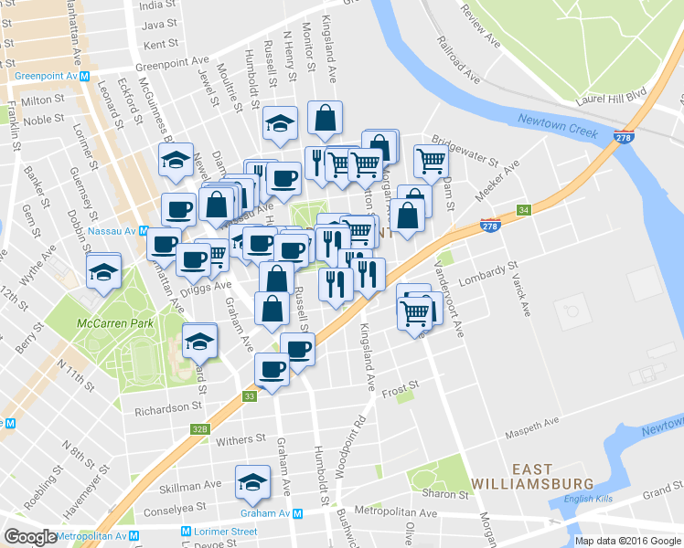 map of restaurants, bars, coffee shops, grocery stores, and more near 110 Monitor Street in Brooklyn