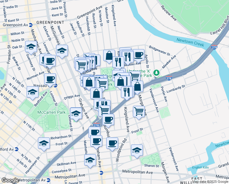 map of restaurants, bars, coffee shops, grocery stores, and more near 110 Monitor Street in Brooklyn