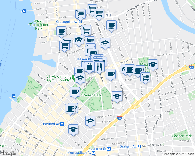 map of restaurants, bars, coffee shops, grocery stores, and more near 649 Manhattan Avenue in Brooklyn