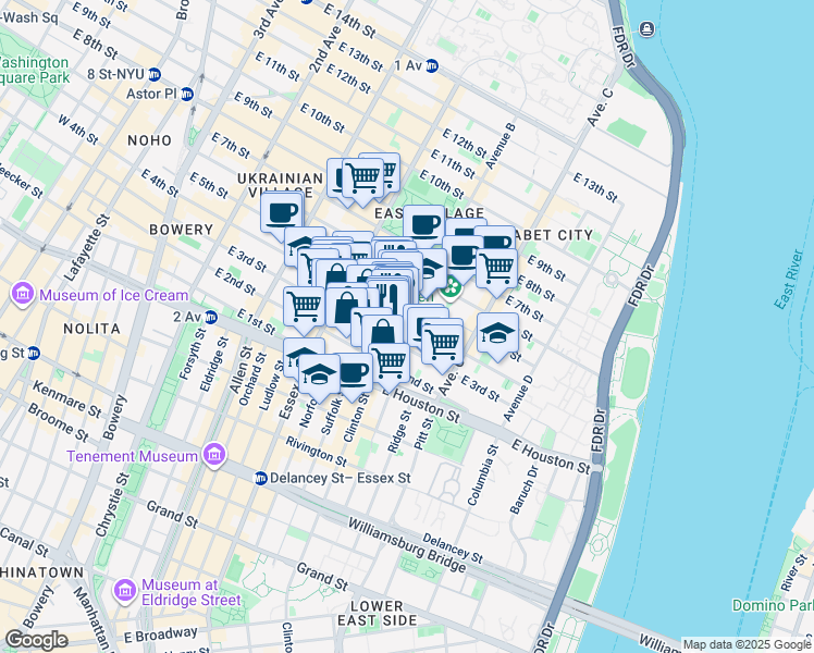 map of restaurants, bars, coffee shops, grocery stores, and more near 50-52 Avenue B in New York