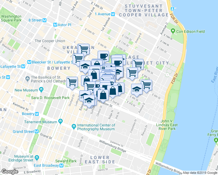 map of restaurants, bars, coffee shops, grocery stores, and more near 50-52 Avenue B in New York