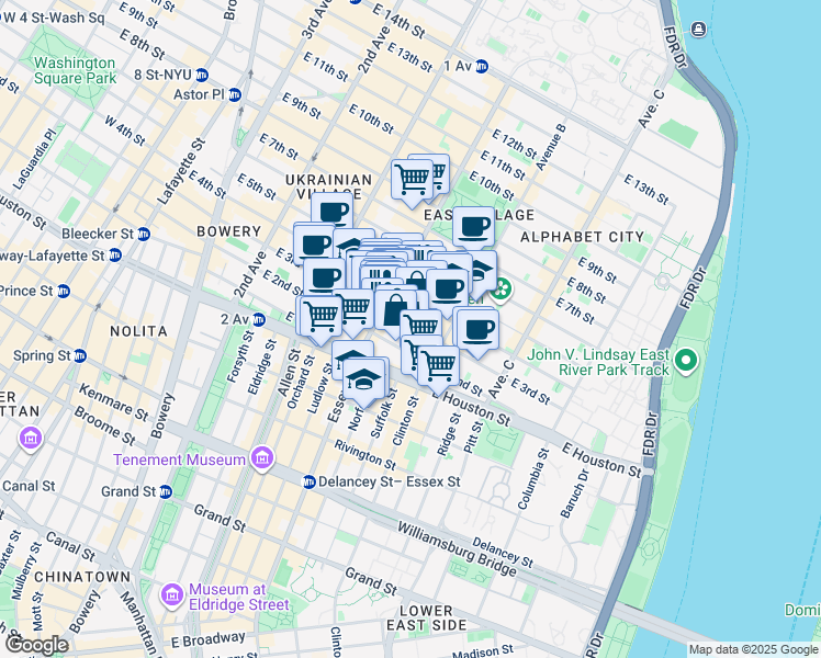 map of restaurants, bars, coffee shops, grocery stores, and more near 173 East 3rd Street in New York