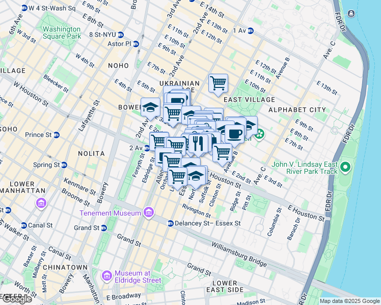 map of restaurants, bars, coffee shops, grocery stores, and more near 36 Avenue A in New York
