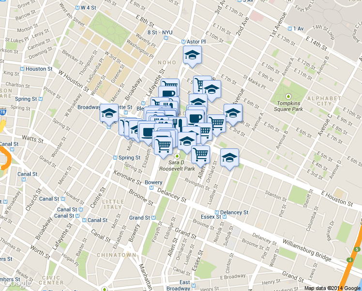 map of restaurants, bars, coffee shops, grocery stores, and more near 9317 East Houston Street in New York