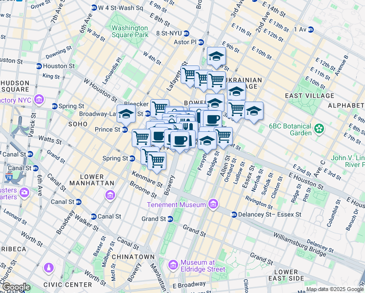 map of restaurants, bars, coffee shops, grocery stores, and more near 9317 East Houston Street in New York