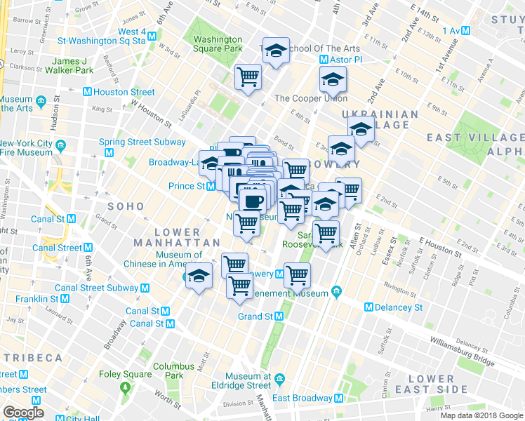 map of restaurants, bars, coffee shops, grocery stores, and more near in New York