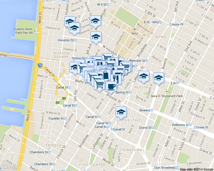 map of restaurants, bars, coffee shops, grocery stores, and more near in New York