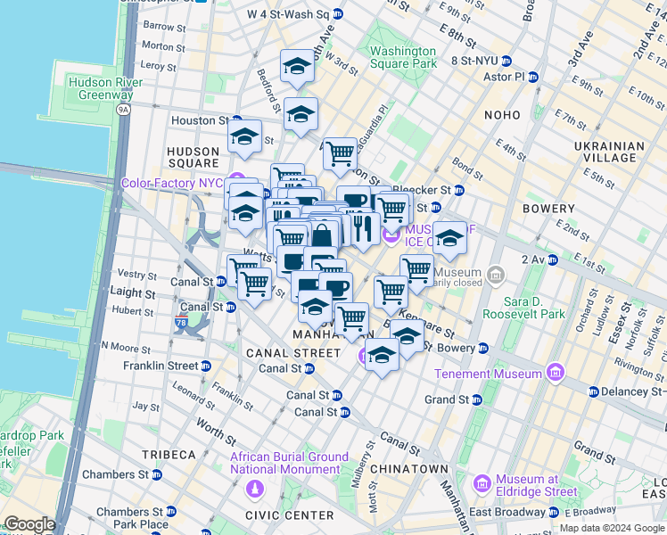 map of restaurants, bars, coffee shops, grocery stores, and more near in New York
