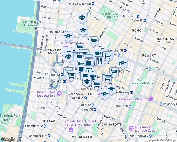 map of restaurants, bars, coffee shops, grocery stores, and more near 71 Greene Street in New York