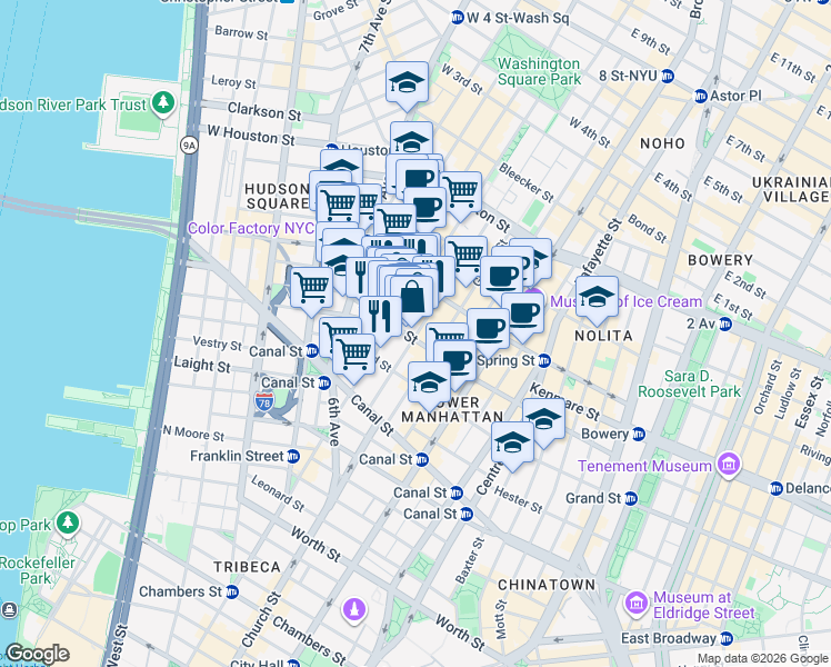 map of restaurants, bars, coffee shops, grocery stores, and more near 418 Broome Street in New York
