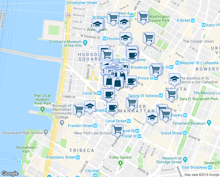 map of restaurants, bars, coffee shops, grocery stores, and more near 140 6th Avenue in New York