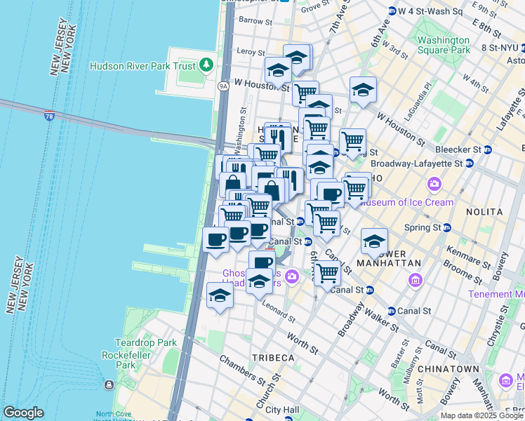 map of restaurants, bars, coffee shops, grocery stores, and more near 480 Canal Street in New York