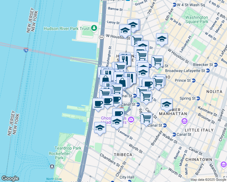 map of restaurants, bars, coffee shops, grocery stores, and more near 480 Canal Street in New York