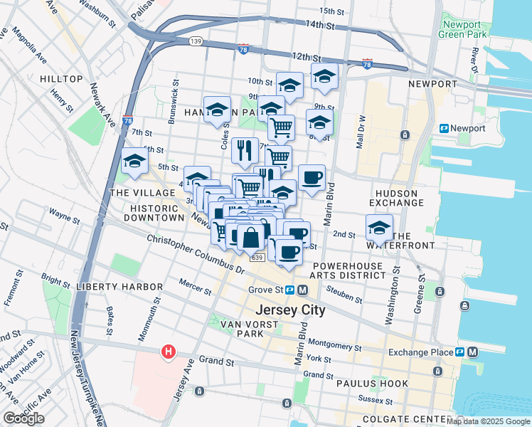 map of restaurants, bars, coffee shops, grocery stores, and more near 234 3rd Street in Jersey City