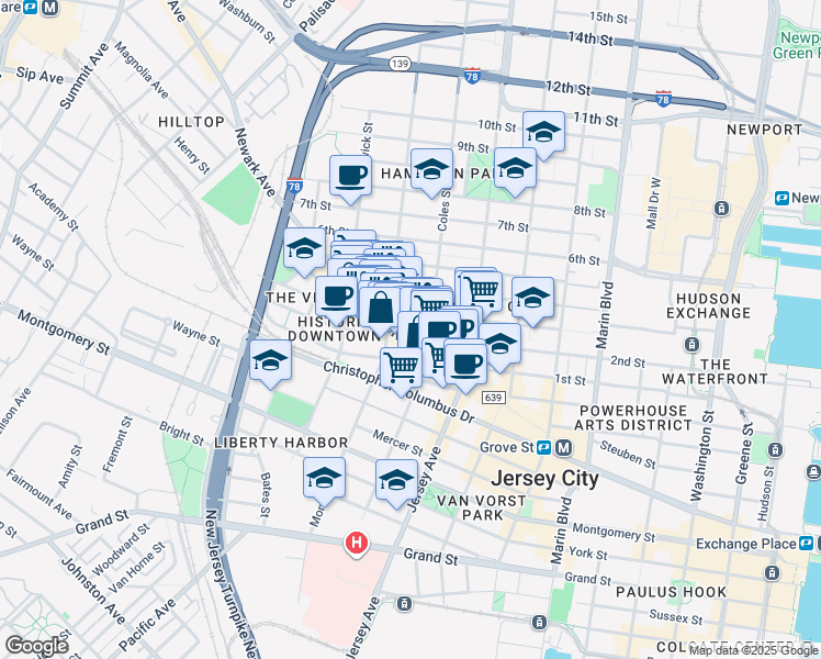 map of restaurants, bars, coffee shops, grocery stores, and more near 323 3rd Street in Jersey City